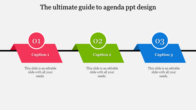 Agenda PowerPoint design with three triangle shaped sections in red, green, and blue, each containing a caption.