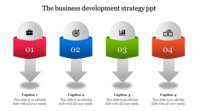 Business strategy slide with four colorful blocks and arrows, each representing key development stages with relevant icons.
