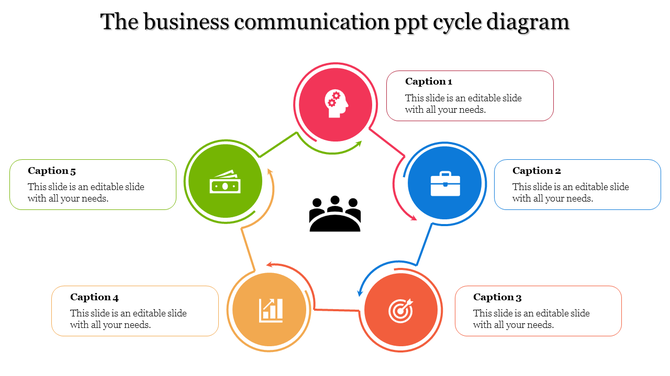 Business communication cycle with linked icons in pink, blue, orange, yellow, and green around a central icon.