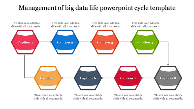 Hexagonal icons in various colors represent steps in a cycle, with text placeholders for each caption in a cycle pattern.