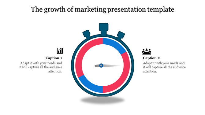 Marketing growth diagram featuring a stopwatch design with segmented colors and two labeled icons on either side.