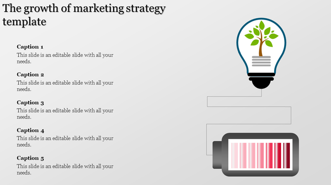 A marketing strategy template featuring a light bulb with a growing tree and a battery icon, alongside five caption sections.