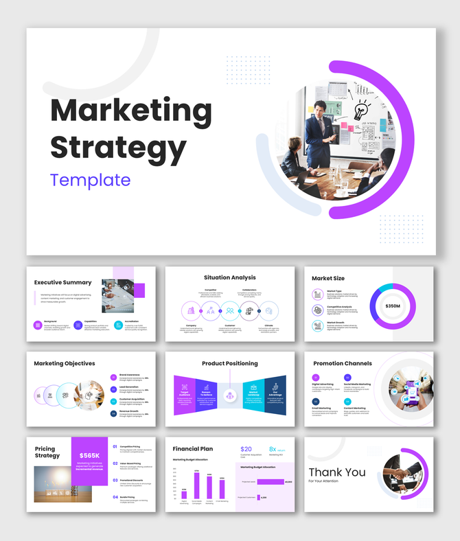 Marketing strategy slides with purple gradient shapes, charts, icons, and slides for analysis, goals, pricing, and promotion.