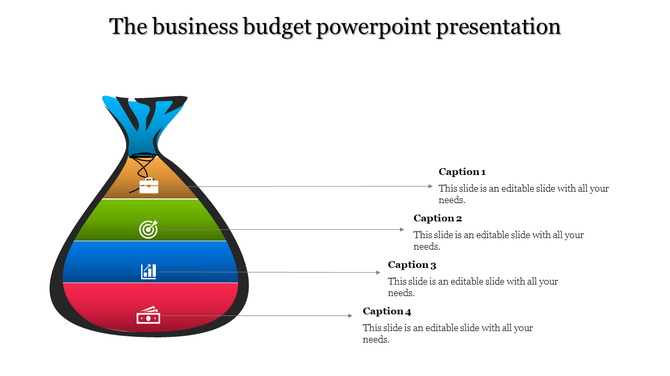 Business budget slide with a color layered bag graphic showing four segments labeled with icons and captions.