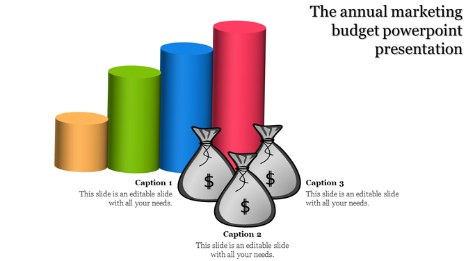 Colorful bar chart with money bag icons representing annual marketing budget allocation.