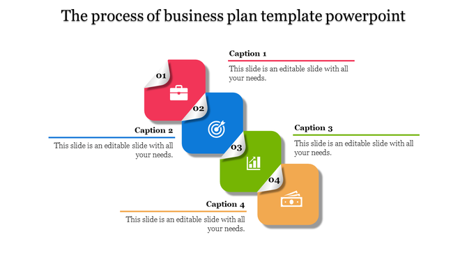 PowerPoint slide showing a four step process with colorful labels for business planning.