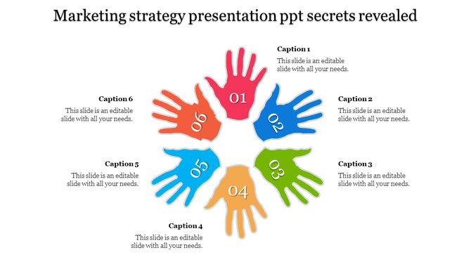 Colorful hand shaped elements form a circular layout, highlighting six key steps in a marketing strategy.