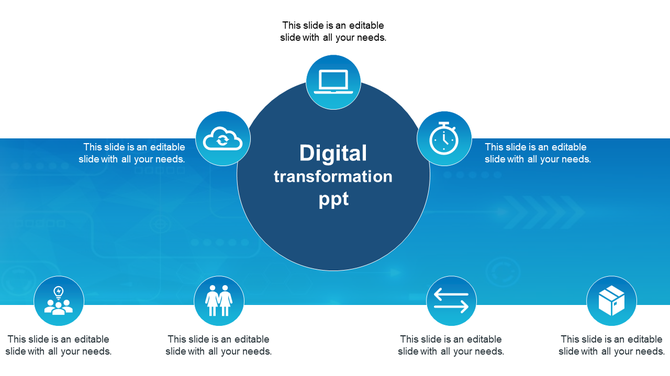 Blue digital transformation slide with a central circle highlighting the topic, connected to various icons with text area.