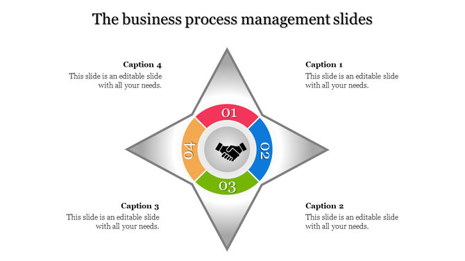 Business management infographic with a handshake icon and quadrant design with pllaceholder text areas.