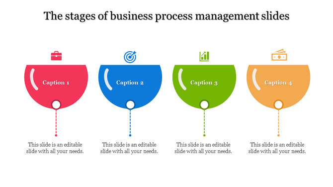 Four-stage process infographic with colorful semicircles and icons above captions placed in a white backdrop.