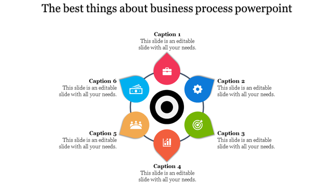 Business process PowerPoint slide with six sections, each featuring a unique icon and captions.
