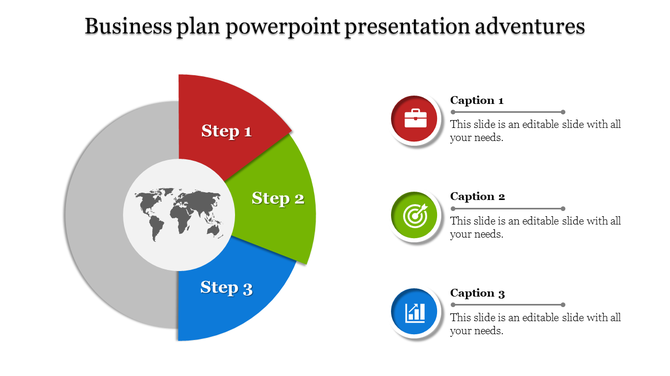Business plan PowerPoint slide with three steps and icons, showing a global map in the center.