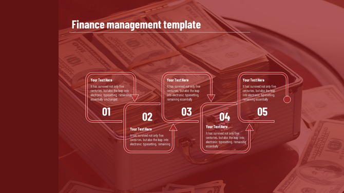 Finance slide with a red overlay, showing a cash filled briefcase in the background and five numbered text boxes with arrows.