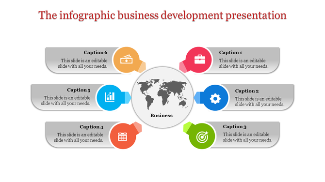 Infographic slide with a world map in the center, surrounded by six icons representing business elements.