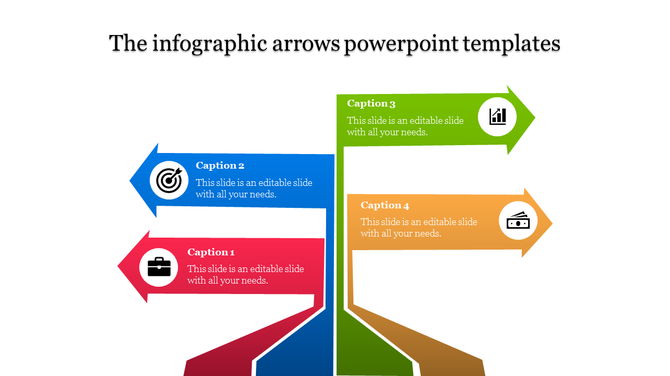 PowerPoint template with four arrow shaped sections in red, blue, green, and orange, each with an icon and caption.
