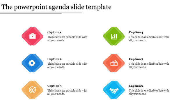 Agenda design featuring six colored diamond icons with placeholders for captions, arranged in two rows.