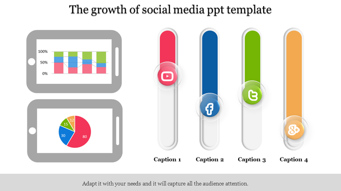 Slide with two gray tablet displaying charts and four vertical bars in red, blue, green, and yellow, with social media icon.