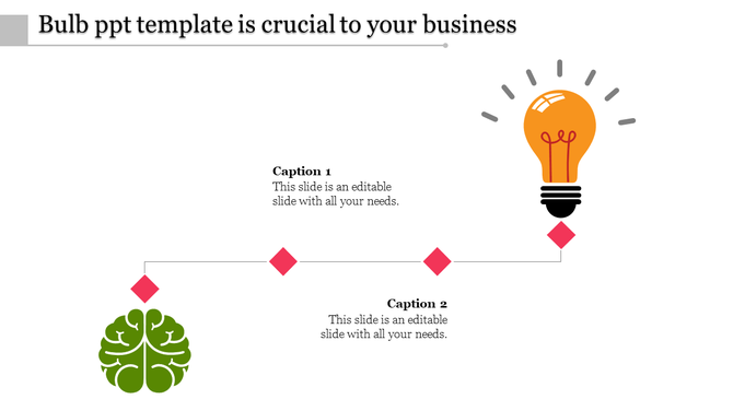 Business themed PowerPoint slide with a lightbulb and brain icons connected by a dotted line with a caption.
