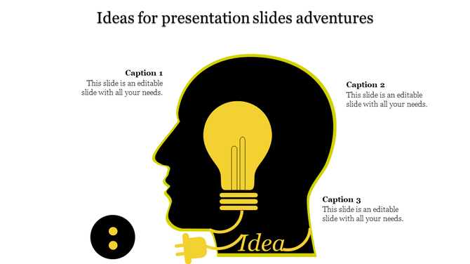 Slide with a silhouette of a head containing a glowing yellow lightbulb, representing ideas, and connected to a plug.