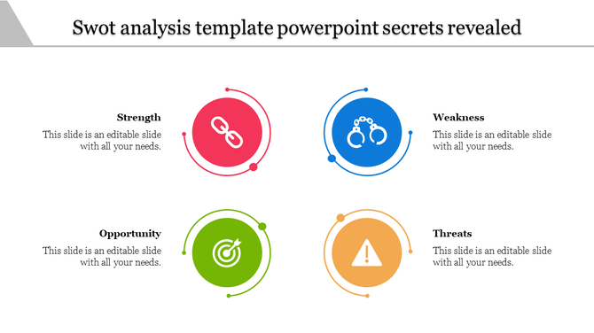 Slide showcasing SWOT analysis with red, blue, green, and orange circular designs and text around it.