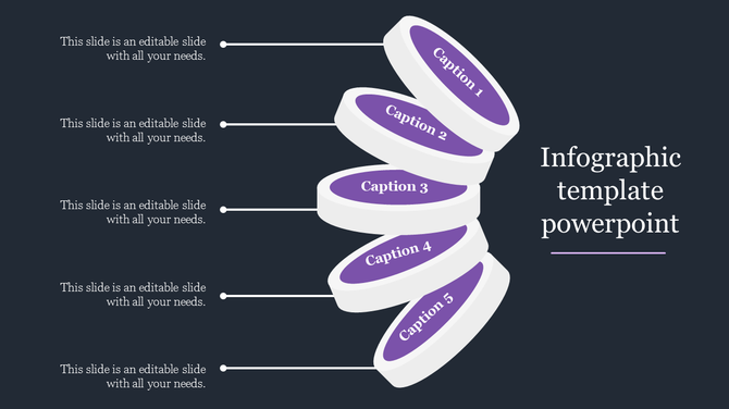 Infographic design slide featuring five stacked caption circles with purple accents with captions on a dark backdrop.