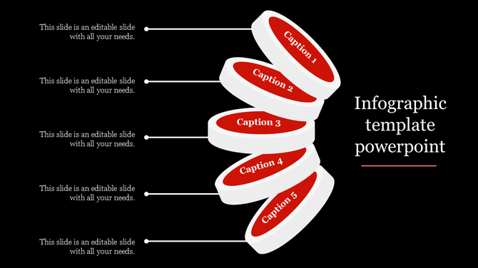 Stacked infographic template with red oval captions connected by horizontal lines on a black background.