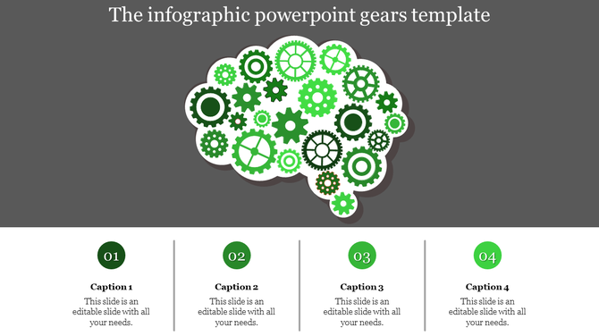 Infographic PowerPoint template with colorful gears forming a brain and labeled captions.