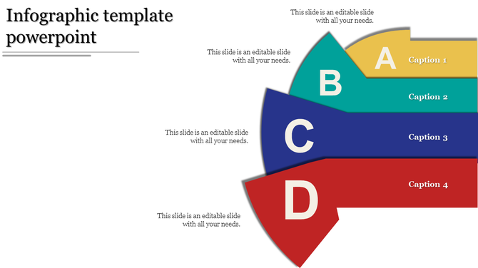 Colorful infographic template with curved segments labeled A to D in yellow, teal, blue, and red, with captions.