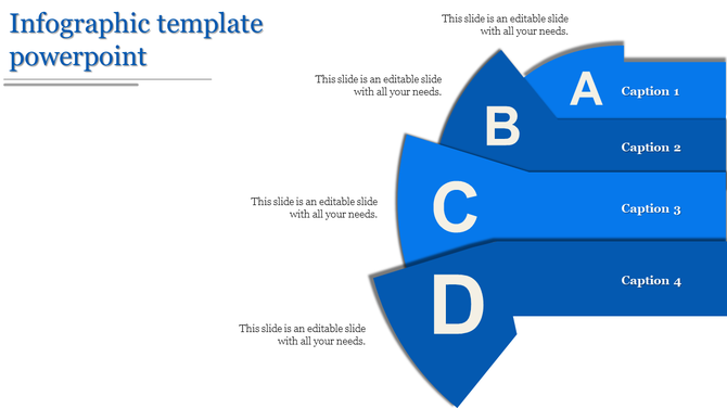 Blue infographic template with curved segments labeled A, B, C, and D, aligned with captions on the right side.
