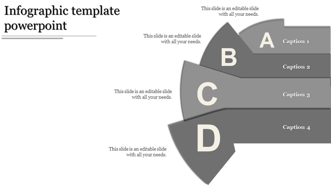 Grayscale infographic template with four sections labeled A, B, C, and D, each with captions and space for content.