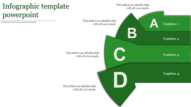Green infographic template with curved segments labeled A, B, C, and D, aligned with captions on the right side.