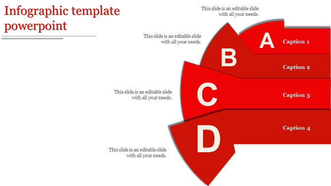 Red infographic template with curved segments labeled A, B, C, and D, aligned with captions on the right side.