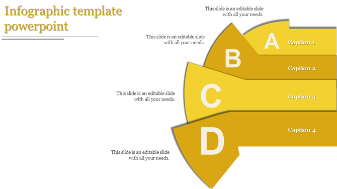 Yellow infographic template with four sections labeled A, B, C, and D, each with captions and content placeholders.