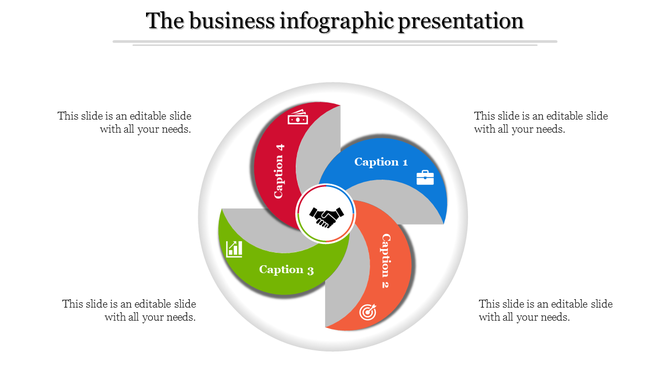 Circular infographic with red, green, blue, and orange curved sections, surrounding a handshake icon at the center.
