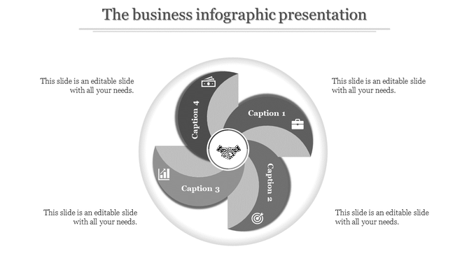 Business infographic slide with four sections in a circular design, each labeled with a caption and associated icon.