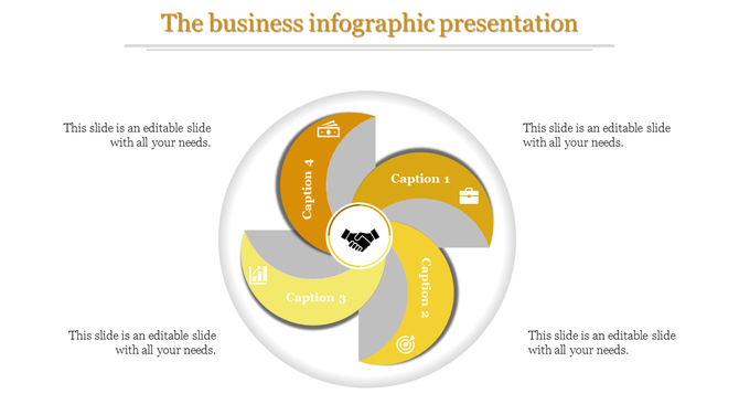 Infographic PowerPoint slide with a circular flow design, featuring four sections with captions and icons for each step.