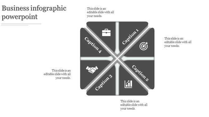 Four-part infographic in gray featuring captions and business icons, arranged in a symmetrical grid layout.
