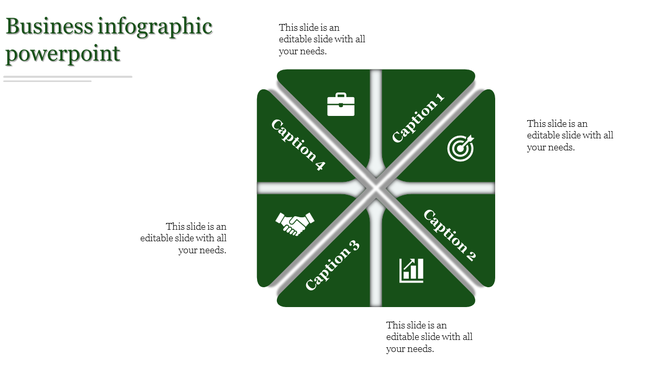 Green business infographic slide with four sections, each containing an icon and caption, arranged in a cross layout.