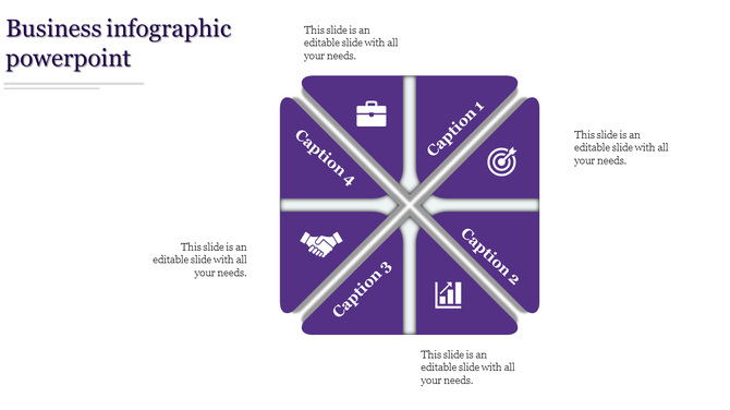 Purple infographic design with four quadrants highlighting business concepts such as goals, strategies, and partnerships.