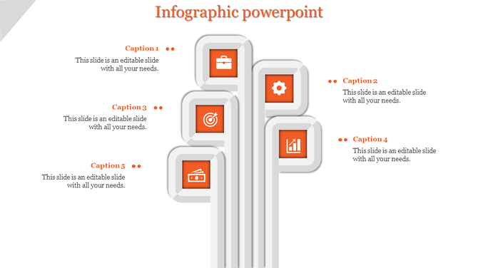 Infographic PPT slide with five sections, each featuring icons in orange and white with captions.