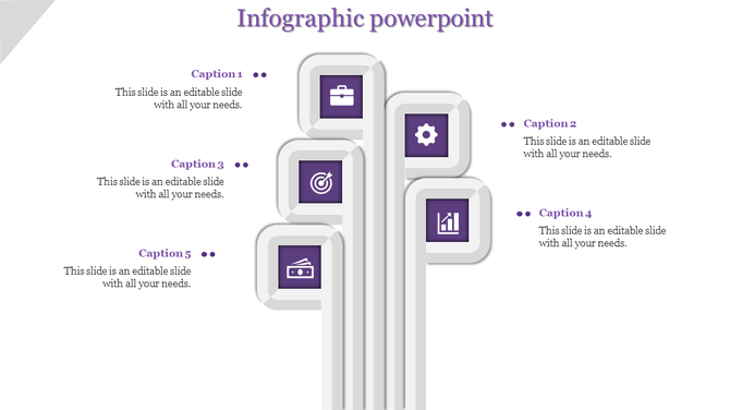 Purple infographic with five rounded rectangular shapes arranged vertically, each featuring business related icons.