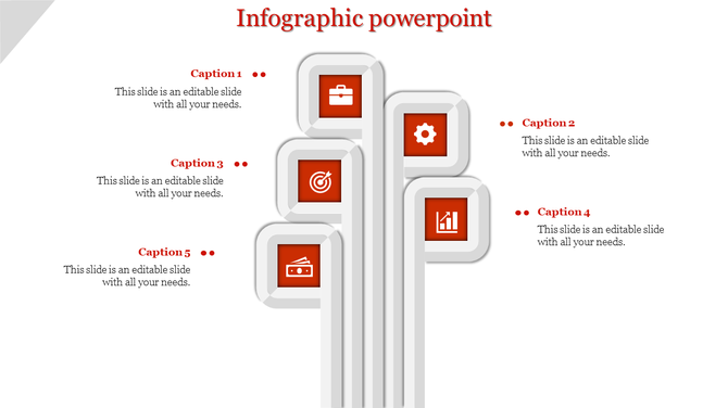 Vertical infographic with five white rectangular blocks, each containing a red icon, aligned in the centre.