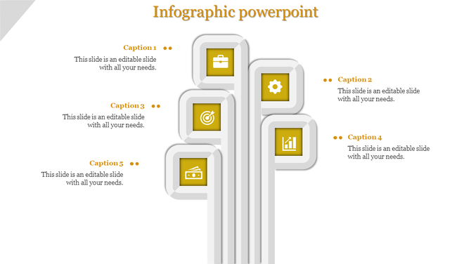 Infographic slide with five sections, each containing icons in a neutral yellow and white theme.