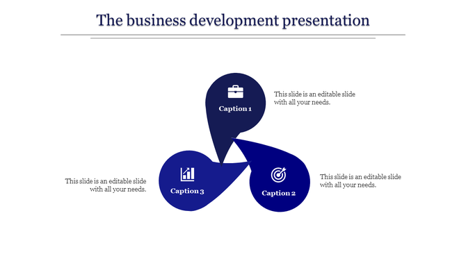 A professional business development slide with three interconnected sections each representing a business concept with icons.