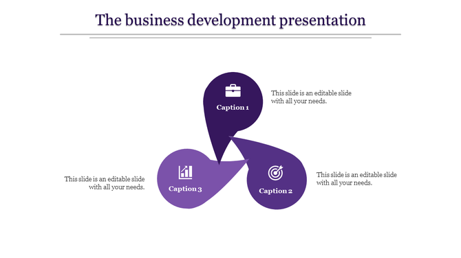 Business presentation template with three overlapping purple sections, each with an icon and caption.