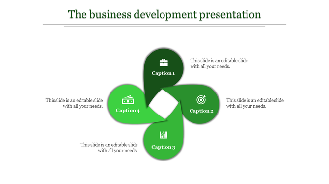 A clean and professional business development template with four sections, each featuring captions and green icons.