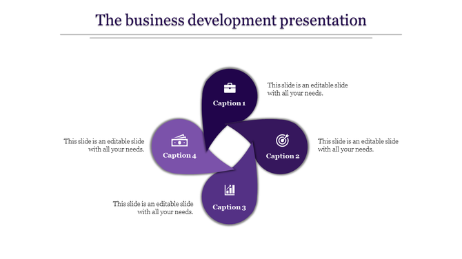Petal-shaped infographic in shades of purple, showcasing captions for business goals, finance, and growth strategies.