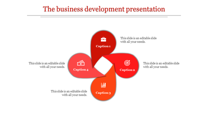 A vibrant business development slide featuring four sections with icons representing different business concepts.
