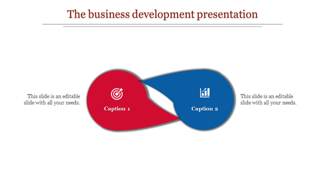 A business development presentation slide with two interconnected ovals, each containing an icon and a caption for content.