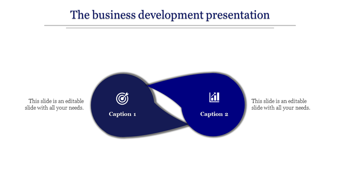 Two connected blue teardrop elements with icons for business goals and growth metrics, symbolizing development.